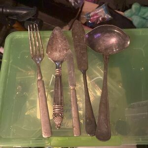 Five pieces of antique silver plate, silverware fork knife spoon vintage